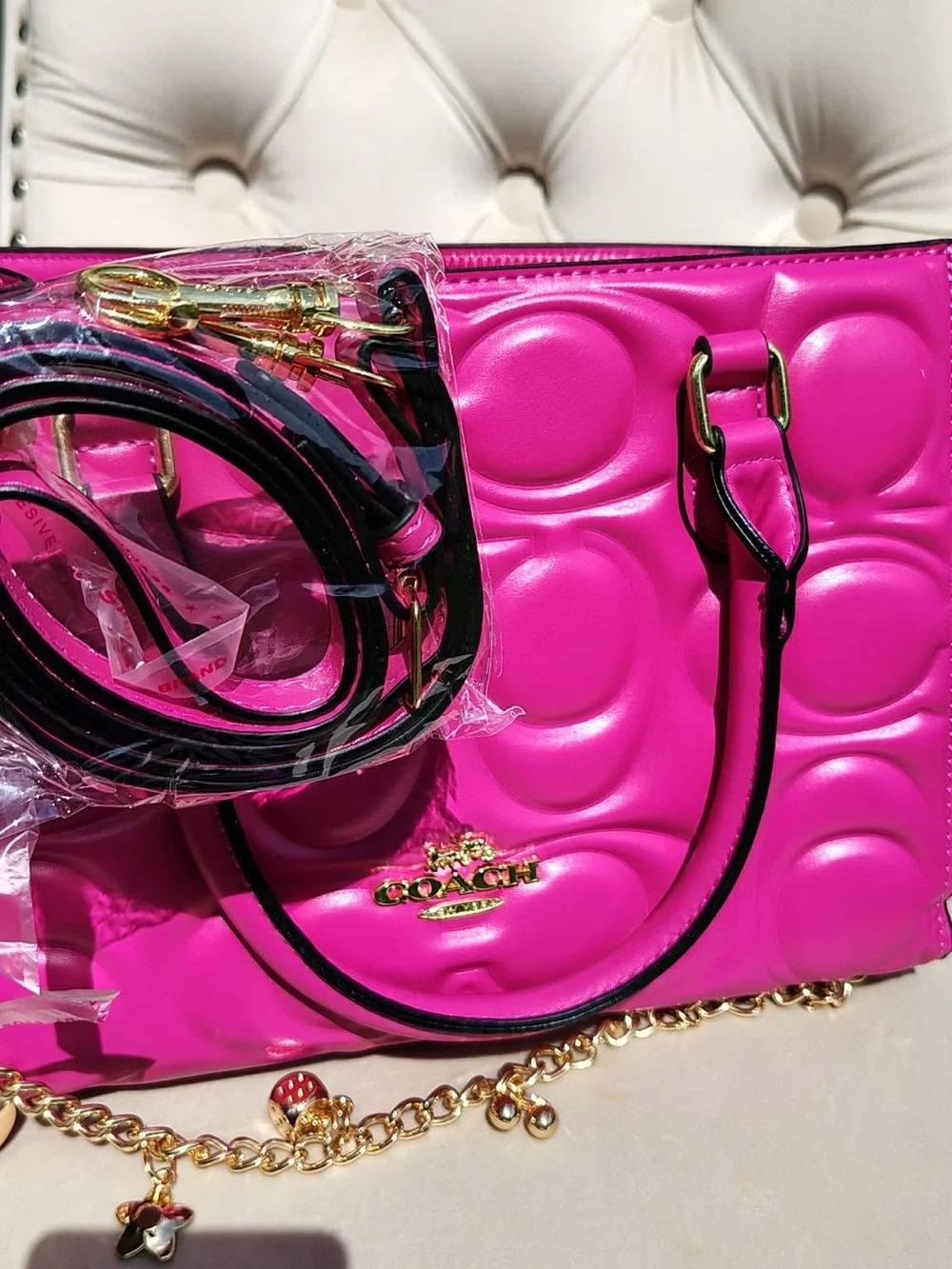 Coach Fuchsia Quilted Leather Satchel with Gold Charm Chain
